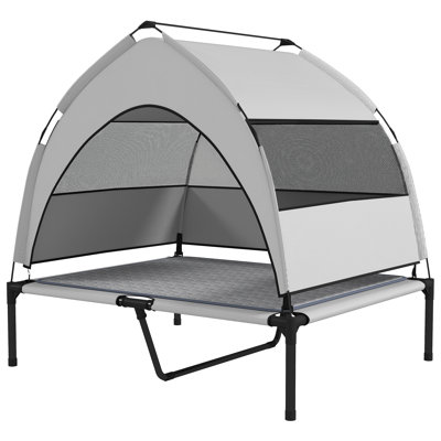Grande niche pour chien avec auvent amovible à trois côtés, conception surélevée, filet respirant et coussin de refroidissement + sac de rangement (convient aux chiens de moins de 23,6 po et de 66 lb)
