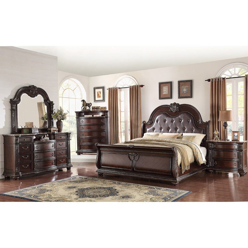 Meuble en bois massif de 1 chambre à coucher avec dessus en marbre à cinq tiroirs avec moulures complexes et silhouette courbée brune