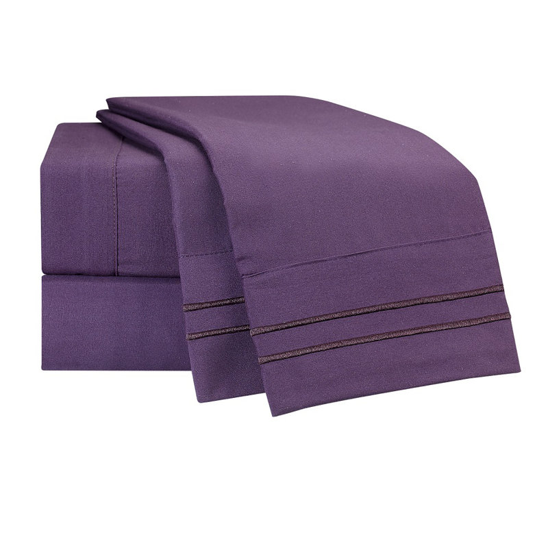 Ensemble de draps à rayures 1500 fils, Ensemble de draps pour grand lit + un drap-housse, Mauve