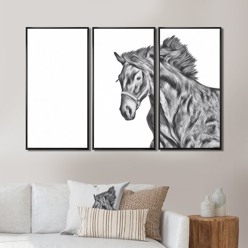 Portrait d'un cheval - ensemble d'art mural sur toile traditionnel encadré de 3, L 36 po x H 28 po x P 1 po, Noir