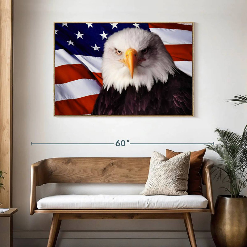 Drapeau américain, aigle à tête blanche, Cadre flottant en bois naturel, 46 po x 31 po
