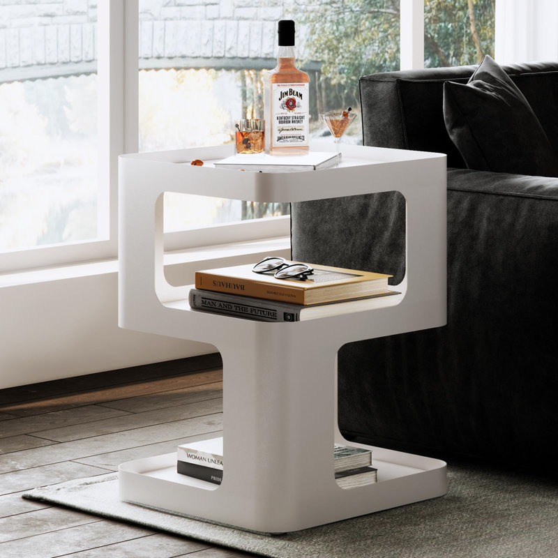 Modern Side Table, Metal Bedside Table With Storage, White