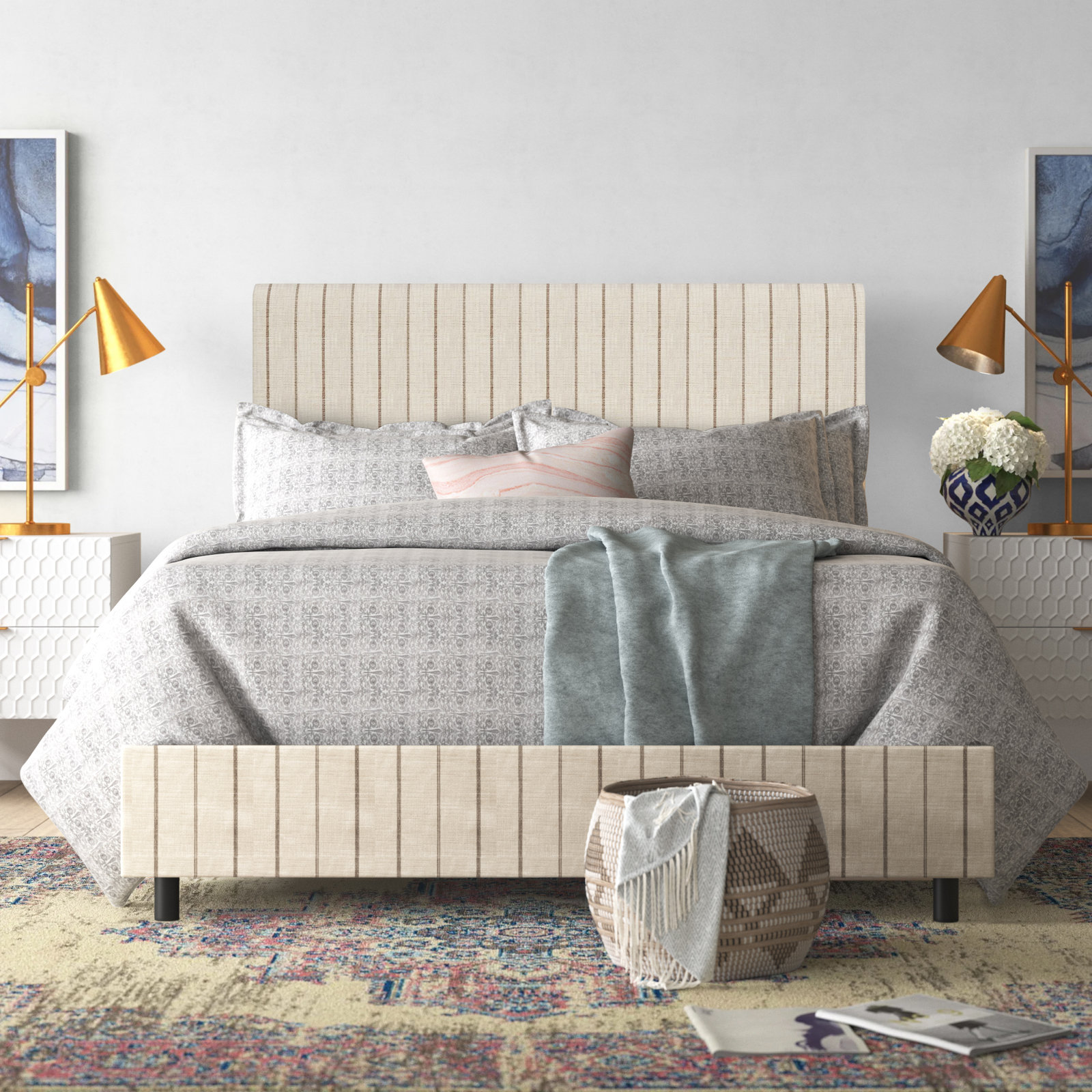 Eisley Cotton Upholstered Bed, Queen, Fritz Charcoal Stripe