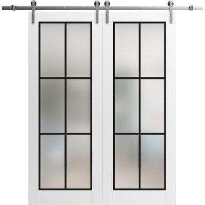 Porte de grange double robuste avec verre dépoli Planum 2122 Blanc Soie 13 pi, supports de rail argentés, portes intérieures à panneaux pleins - 60 po x 80 po (2 x 30 x 80 po) - Rail argenté - Verre dépoli