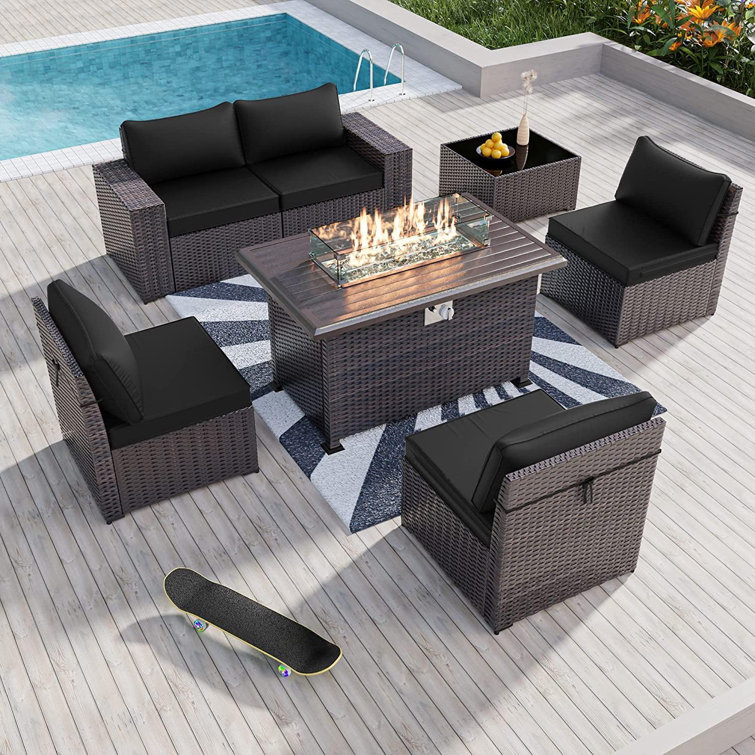 7-Piece Wicker Patio Conversation Set With Cushions,Coffee Table And Outdoor Fire Pit Table With Aluminum Top, PE Rattan Base, And  White Glass Wind Guard