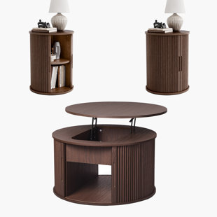 3-Piece Living Room Set,Fluted Lift-Top Round Coffee Table Set With Side Tables