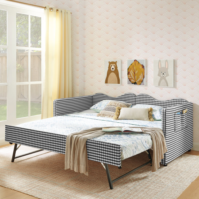Lit de jour une place en tissu vichy avec lit gigogne, poche de rangement latérale, structure en bois massif, canapé-lit pour chambre d'enfant ou chambre d'amis - Noir