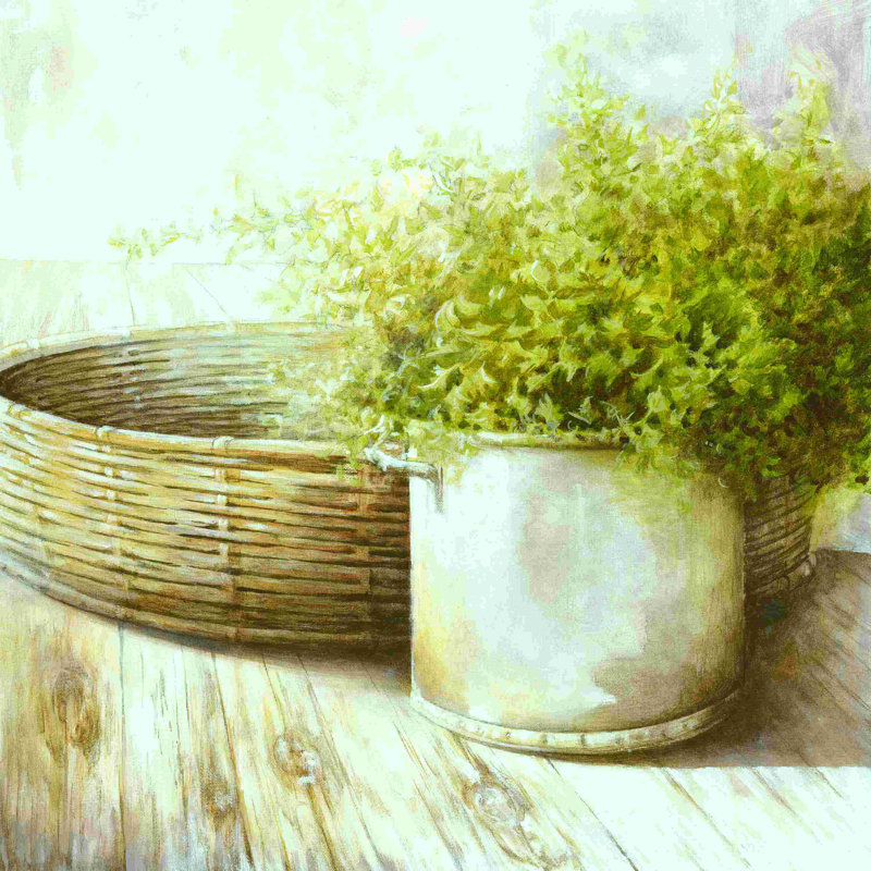 «Pots Plant and a Basket», art textuel sur toile tendue, H 30 po x l 30 po