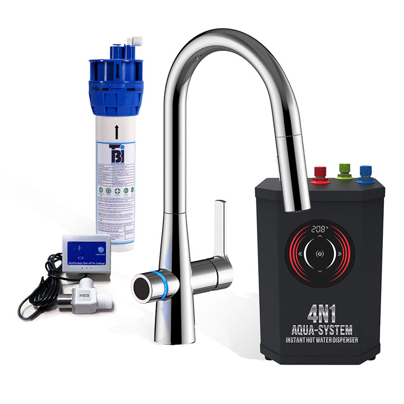 Robinet tout-en-un - Eau chaude instantanée, filtrée et robinet, douchette rétractable, tactile DEL, trou unique, Chrome