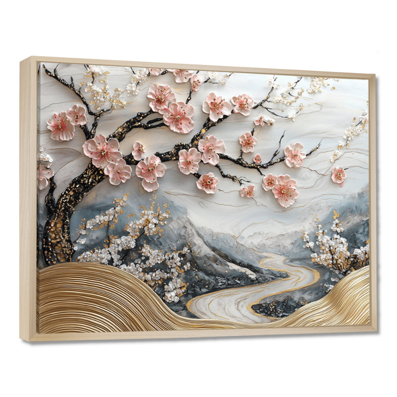 Marbre cerisiers en fleurs, poésie des pétales IV - art mural cerisier en fleurs, H 30 po x l 40 po, Cadre flottant, Argent