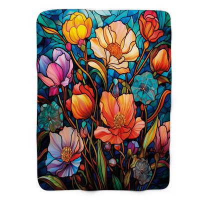 Stained Floral Designs - 1 Piece Premium Sherpa Blanket