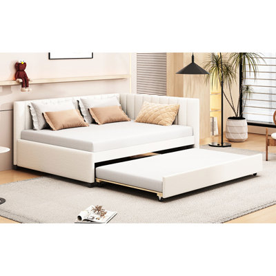 Lit de jour beige en tissu de lin avec lit gigogne, sans sommier, stable et structure