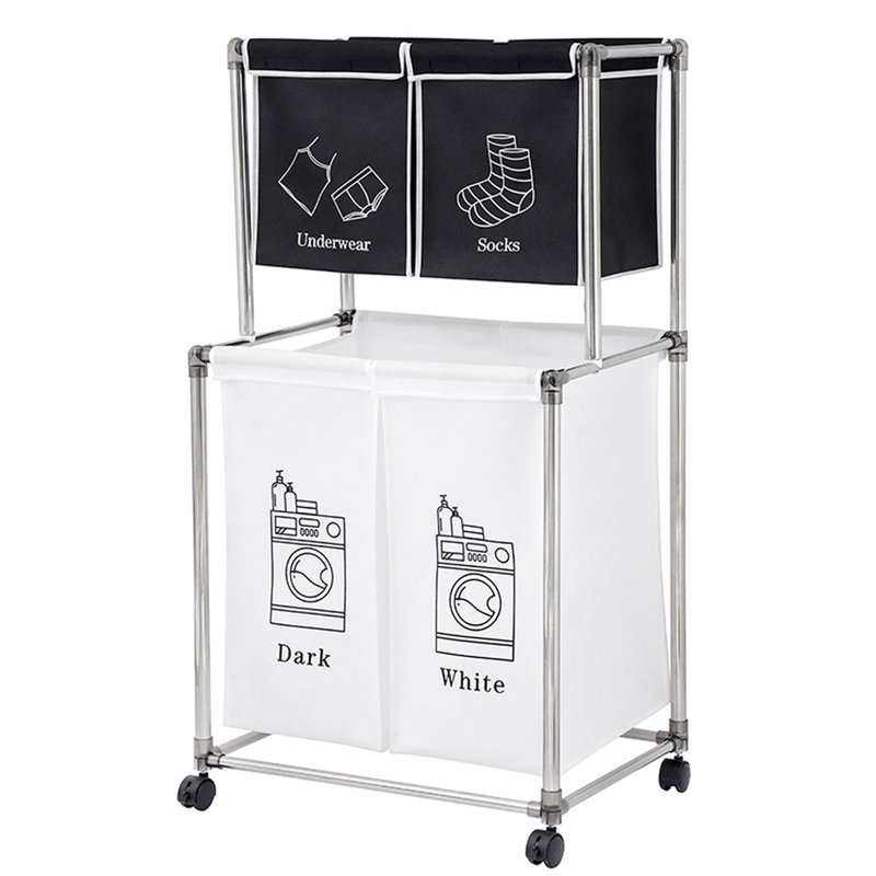 2 Tier Laundry Basket, 4 Removable Bags, Four Wheels, Strong Aluminum Frame, Separate And Dark Heaps Piles