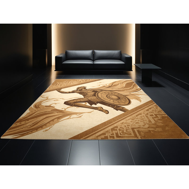 Soft Plush Durgin Myrmidon Warrior Classic Oriental Area Rug in Brown – Beige Binding, 4x6