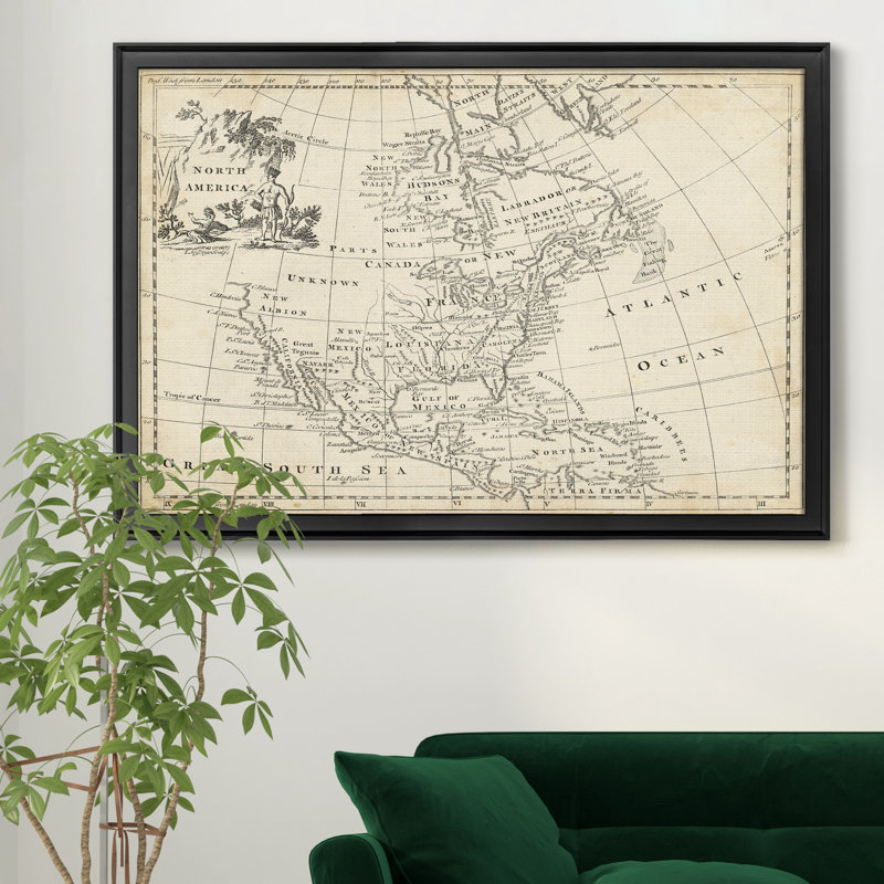 Carte de l’Amérique du Nord-impression d’art graphique sur toile encadrée, Cadre noir, H 26,5 po x l 36,5 po x P 1,5 po