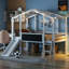 Lit mezzanine simple avec échelle et toboggan, lit maison avec tableau noir et bande lumineuse sur le toit, blanc