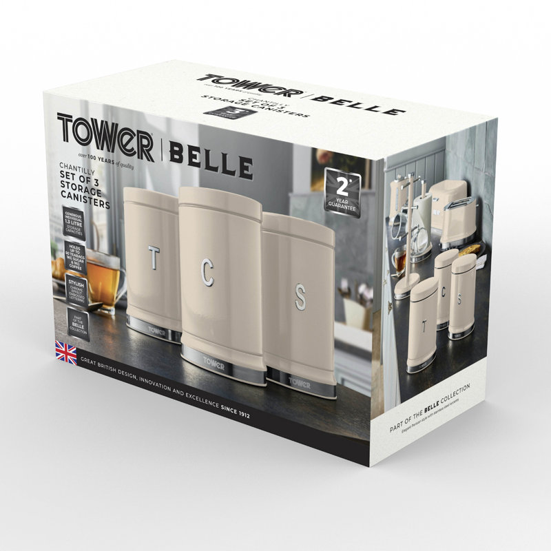 Tower T826171CHA Belle Set of 3 Canisters, Tea/Coffee/Sugar Storage, Chantilly Cream