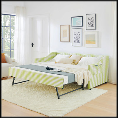 Lit de jour simple, canapé-lit convertible polyvalent 3 en 1 Gingham avec couchette coulissante et poches de rangement latérales, idéal pour les petits espaces