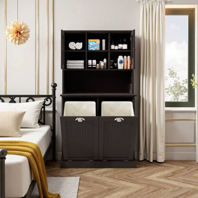 Two-Compartment Tilt-Out Dirty Laundry Basket Tall Bathroom Cabinet with 2 Adjustable Shelves, Black