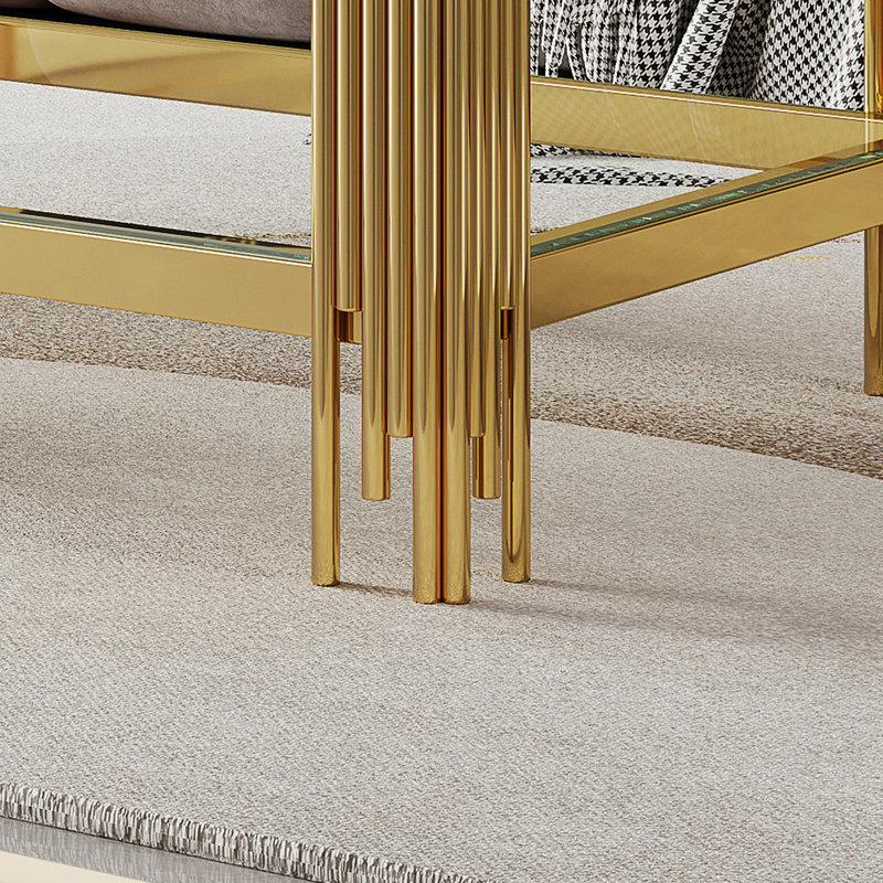 Table basse en verre trempé double couche supérieure et inférieure avec structure en acier inoxydable à finition miroir, parfaite pour les espaces de vie modernes et élégants.