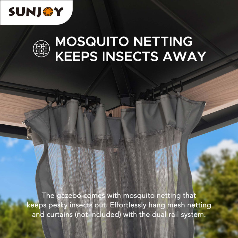 Black Steel 10x12 Hardtop Gazebo with Netting and LED Lights