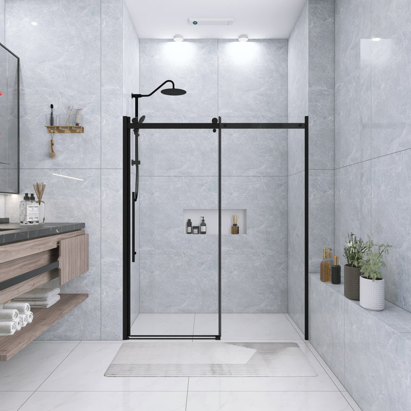30 In. -60 In. W × 72 In. H Frameless Shower Door Single Sliding With 1/4 Thickclear Tempered Glass  In Matt Black   |  Zinc Roller Rail System|   Stainless Steel Handle
