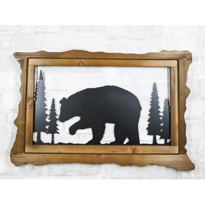20"L Rustic Scenic Forest Black Bear Silhouette Metal And Wood Framed Wall Décor