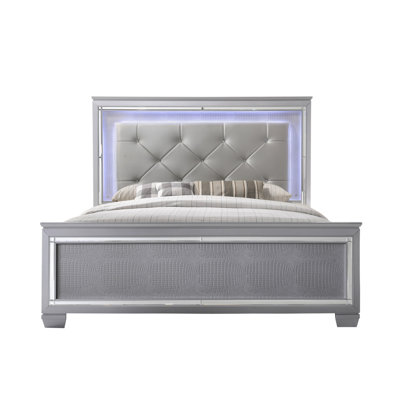 Modern Bed With Faux Leather Upholstery, Textured , Led Accents, And Silver Beige Color Panel Beveled Mirror Lights In
