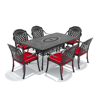 Ensemble de 7 pièces de mobilier de patio en aluminium coulé avec cadre noir et coussins rouges