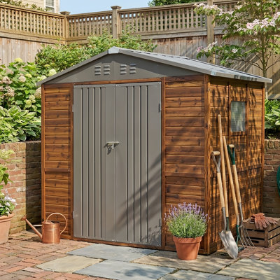 6X8 FT Wooden Tool Shed With Iron Doors & Windows, Cedarwood Outdoor Storage Shed For Garden, Patio, Weatherproof Tool House & Garden Room