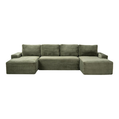 Green Corduroy U-Shaped Modular Sectional Sofa with Storage Pockets - No Assembly Cloud Couch for Living Room
