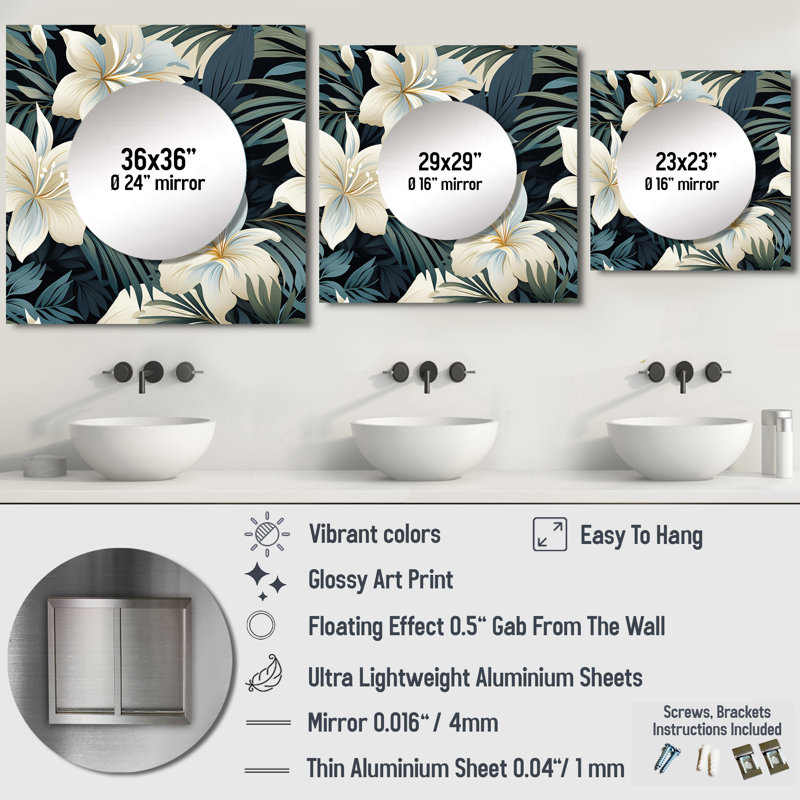 Décoration murale beige et gris motif botanique - miroir carré tropical pour chambre à coucher, 36 po x 36 po