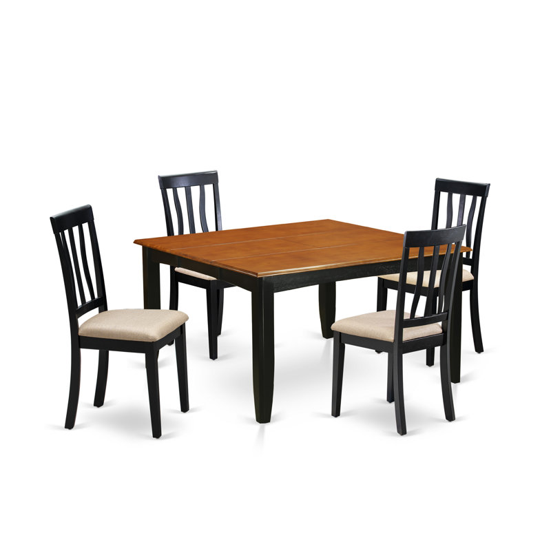 Ensemble de table de cuisine 5 pièces pour 4 personnes comprenant une table de salle à manger carrée avec rallonge papillon et 4 chaises en tissu de lin, noir et cerise