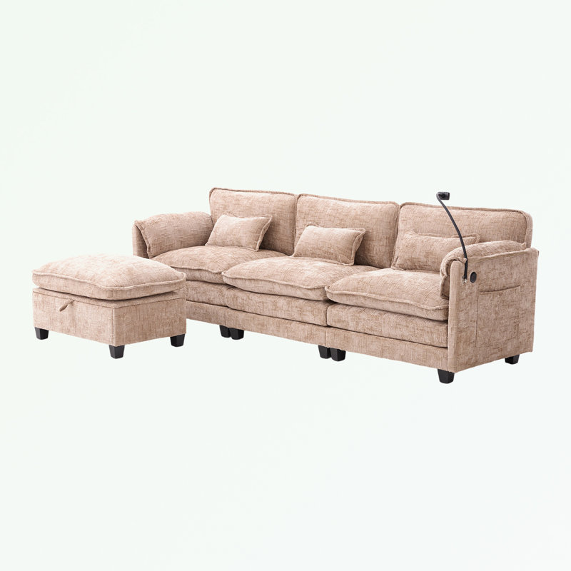 Canapé modulaire en L en chenille avec repose-pieds, support pour téléphone et port de chargement USB, Chenille kaki