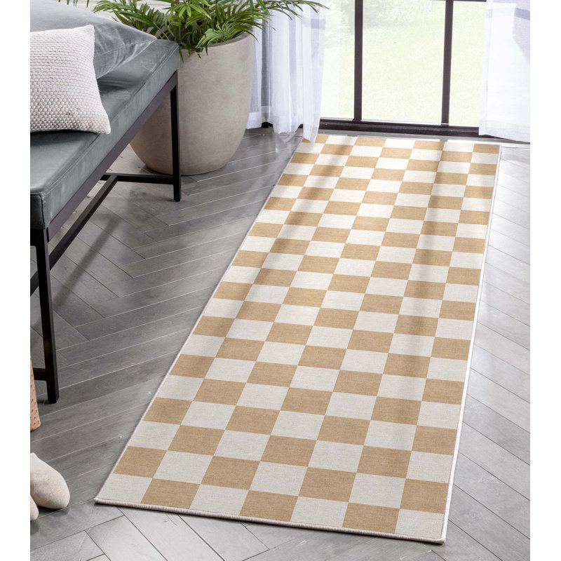 Tapis carré jaune à motif géométrique Kehr, Tapis de couloir 2 pi 3 po x 7 pi 3 po