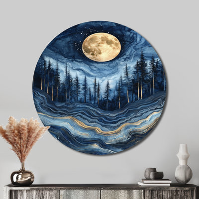 Lune au-dessus de la forêt de pierre Safire - lune ronde, art mural en métal, espace jaune