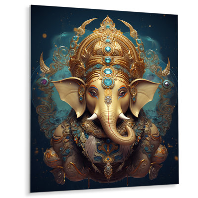 Portrait Of Ganesha On Teal - Hinduism Wall Art
