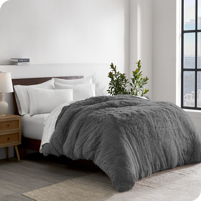 Gray Twin/Twin XL Shaggy Faux Fur Duvet Cover with Crystal Velvet Back
