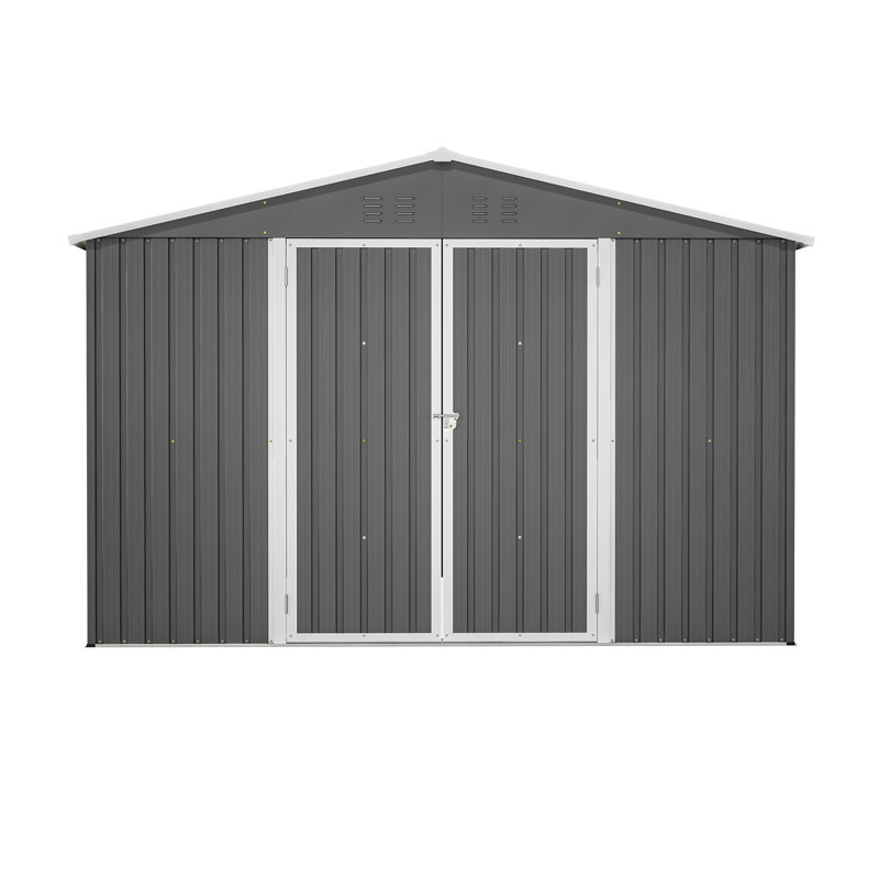 Remise de rangement extérieure grise 10 pi x 10 pi, structure galvanisée, portes verrouillables, ventilation et toit incliné, idéale pour l'acier de patio, idéale