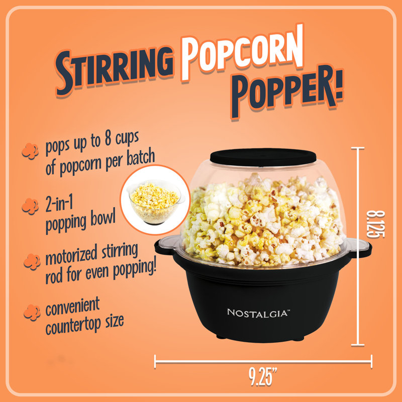 Nostalgia 2 Qt Stainless Steel Stirring Popcorn Popper, Black
