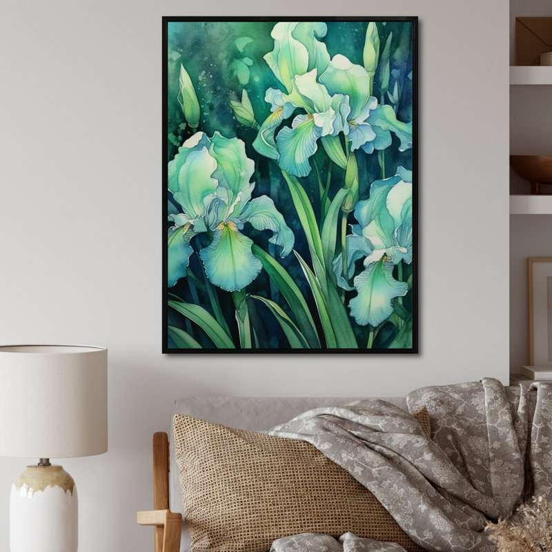 «Green Irises Petal V», art mural sur toile à motif floral, H 40 po x l 30 po x P 1,5 po, Cadre flottant noir
