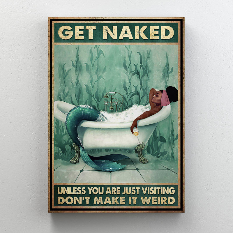 «Black Mermaid Chilling With Wine» - Toile tendue avec une galerie «Get NUE» - décor de salle de bain et de buanderie, noir et turquoise