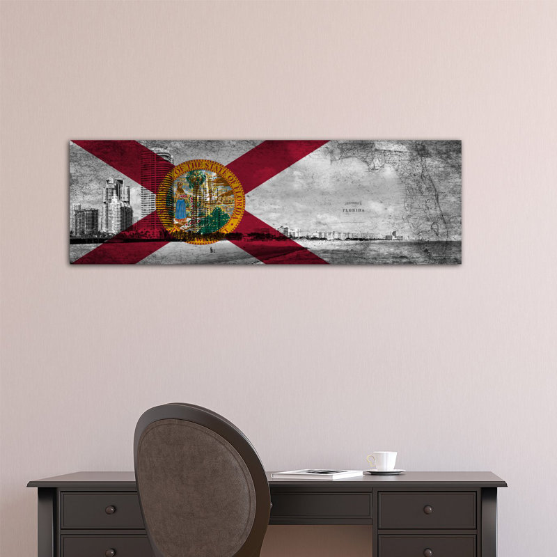 Drapeau de la Floride, South Beach, carte rétro - impression panoramique sur toile, H 16 po x l 48 po x P 0,75 po