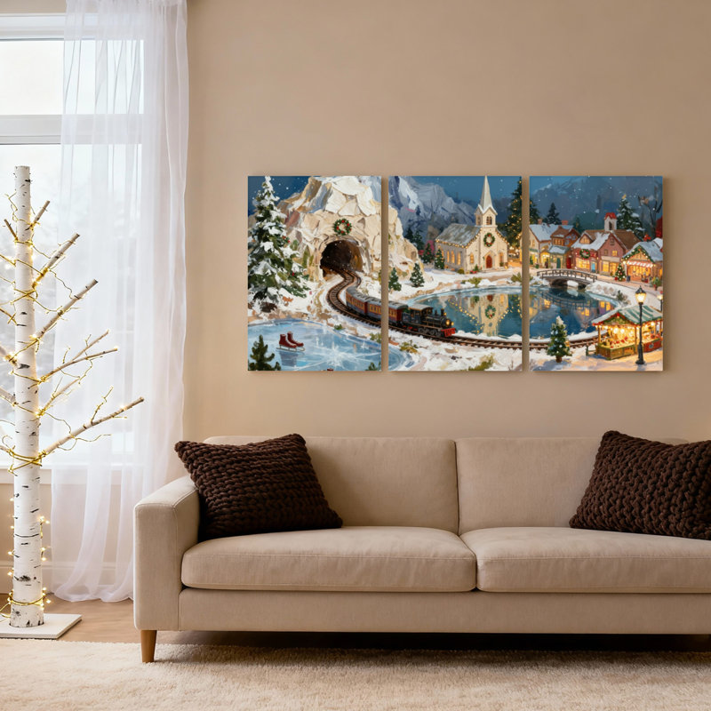Ensemble de 3 tableaux sur toile représentant une scène de train dans un village de Noël, H 30 po x l 60 po