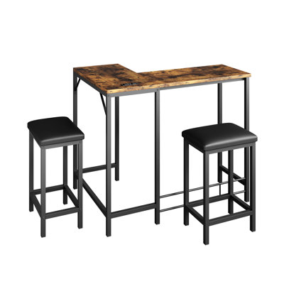 Convertible L-Shaped Bar Table Set for 2-4 with Power Outlets and USB Ports, Counter Height Dining Table with 2 Stools for Small Spaces