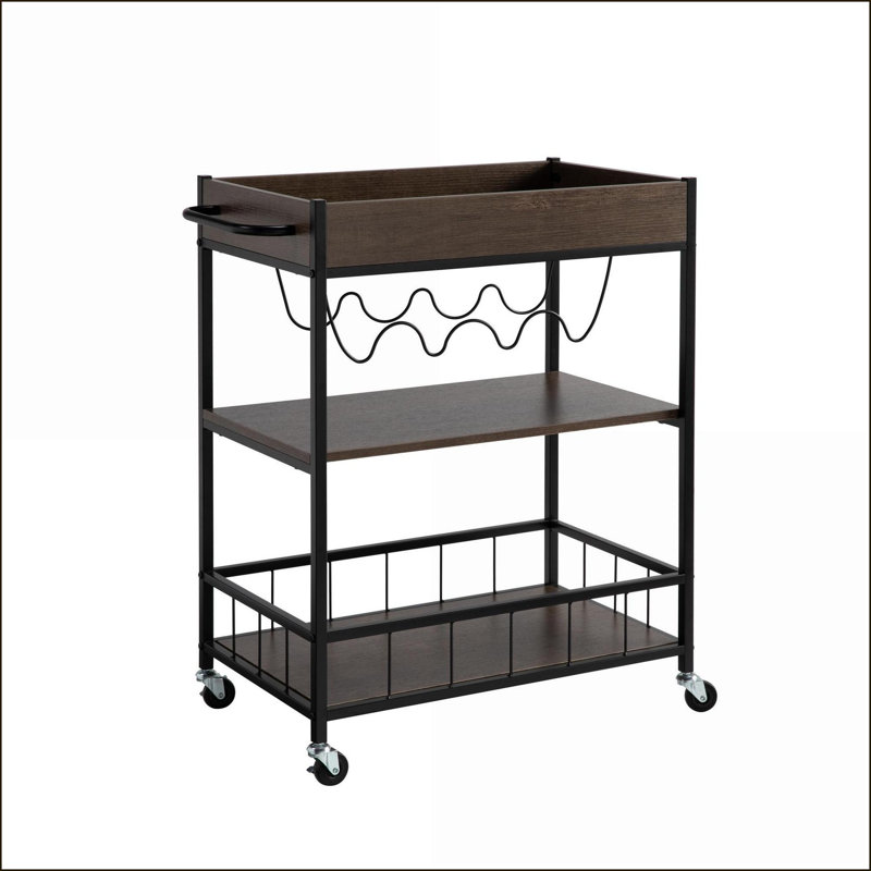 Kitchen Cart Rolling 3-Tier with 4 Wine Rack, Brown/Black Metal Industrial | Walnut | Particle Board, Black