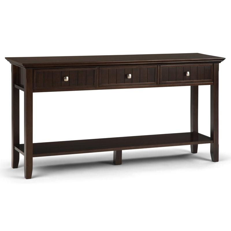 Acadian 60"W Solid Wood Transitional Sofa Table with 3 Drawers and Open Bottom Shelf, Brunette Brown