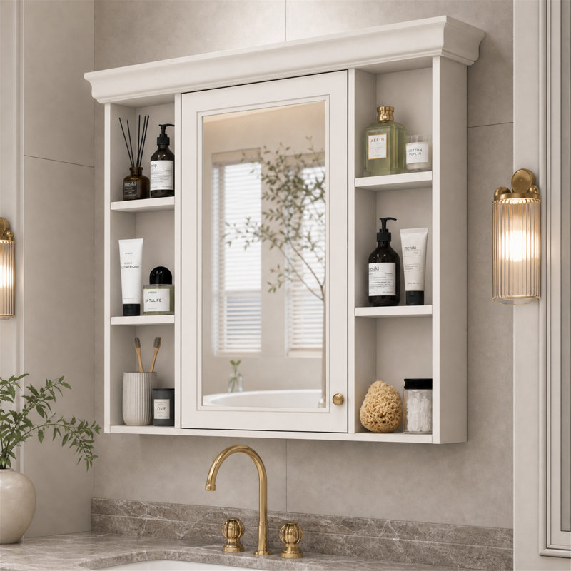 Armoire à pharmacie murale de 90 cm (35,5 po) avec miroir et étagères ouvertes, beige, Beige