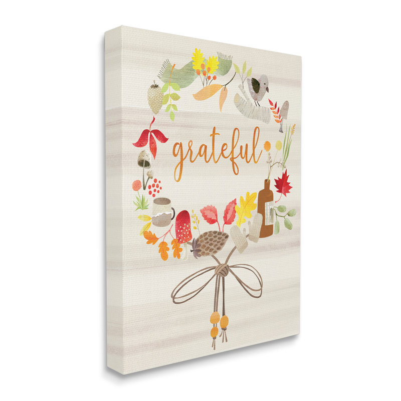 Couronne de feuillage d'automne «Grateful Remerciements» - Art textuel, Toile tendue, H 40 po x l 30 po