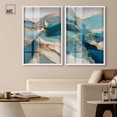 Gilded Coastal Whispers Duo Shadowbox Print Living Room Decor by Art Remedy, White Frame, 20 x 30